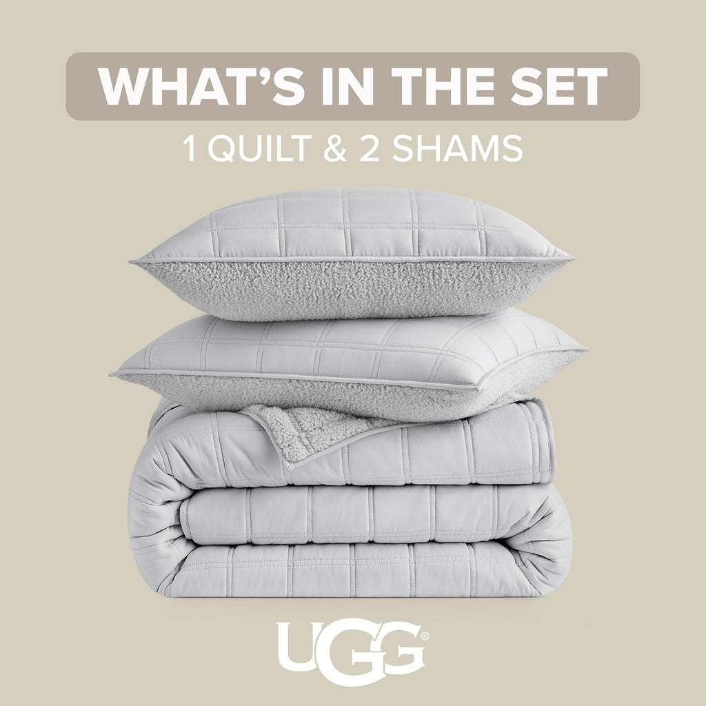 UGG Twin/Twin XL Quilt Set with 1 Pillow Sham – 2 Piece Lightweight All-Season Bedspread, Ultra-Soft Fluffy Reversible Quilt Set for Dorm, Apartment & Modern Bedroom Decor, Light Gray (Gizelle)