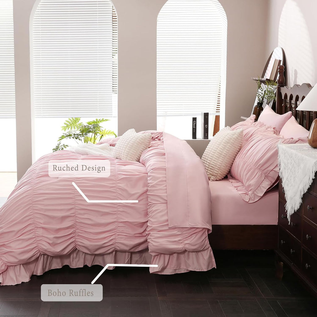 Herside Pink Ruffle Comforter Set King Size,9 PCS Ruched Bedding Bed-in-a-Bag Pleated Ruffle Bedding Set,Shabby Chic Boho Soft and Fluffy Comforter Vintage Bedding for All Season Home Decor | Ruffle Ruched