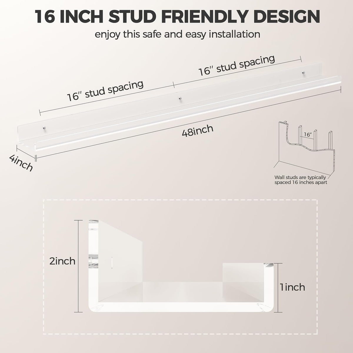 HBlife 48 Inches Invisible Wall Floating Bookshelf for Kids and Nursery, Clear Acrylic Shelves for Figures, 16 Inch Stud Spacing Long Large Picture Ledge Shelf for Photo Frames, 4 Pack (5MM Thick)