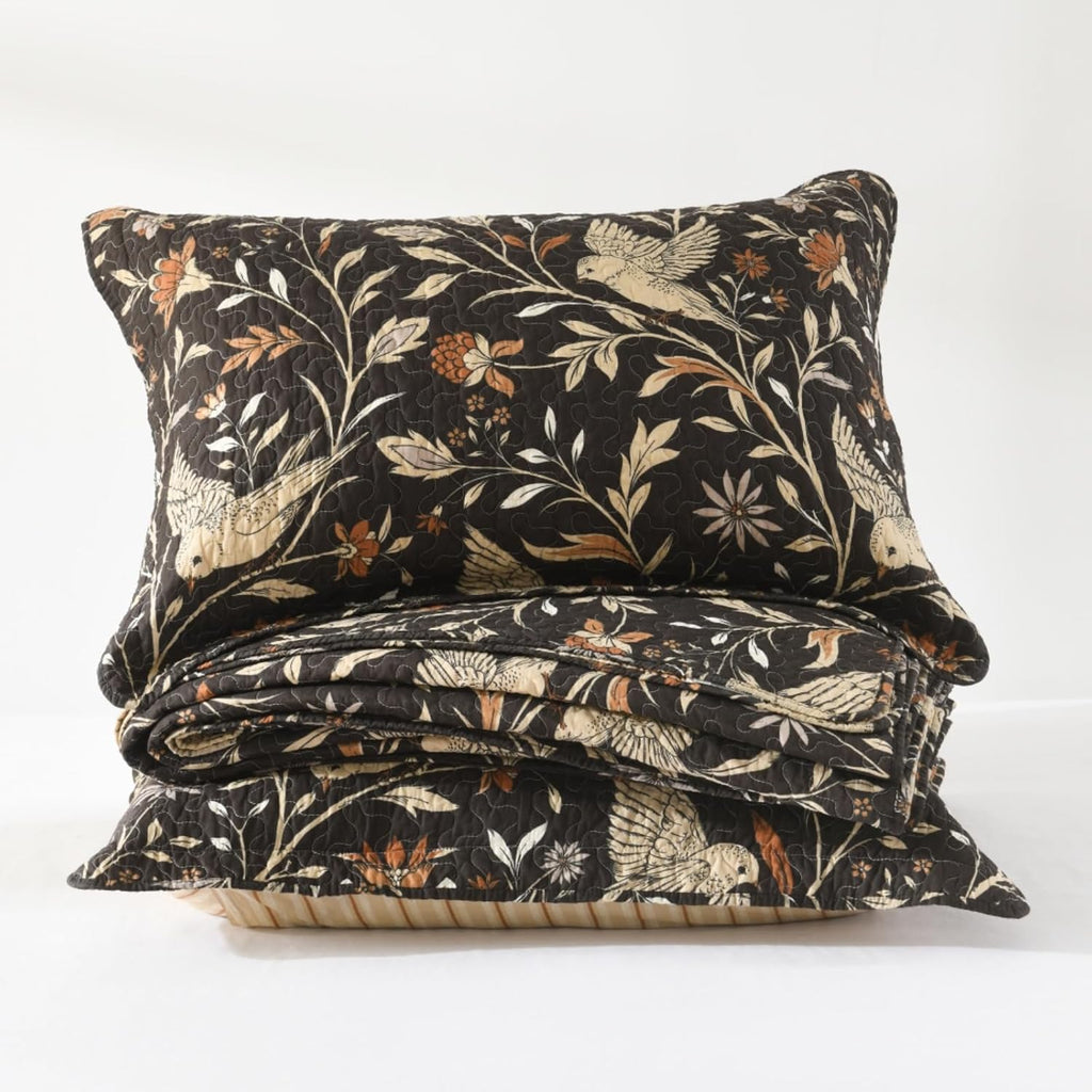Uniclinens Botanical King Quilt Set, 100% Cotton Quilt Bedding Set Vintage Bird Pattern Bedspreads King Size, Chic Lightweight Quilted Comforter Coverlets, All Season, 3pcs, Dark Chocolate Brown/Beige