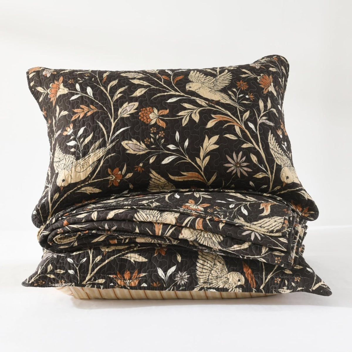 Uniclinens Botanical King Quilt Set, 100% Cotton Quilt Bedding Set Vintage Bird Pattern Bedspreads King Size, Chic Lightweight Quilted Comforter Coverlets, All Season, 3pcs, Dark Chocolate Brown/Beige