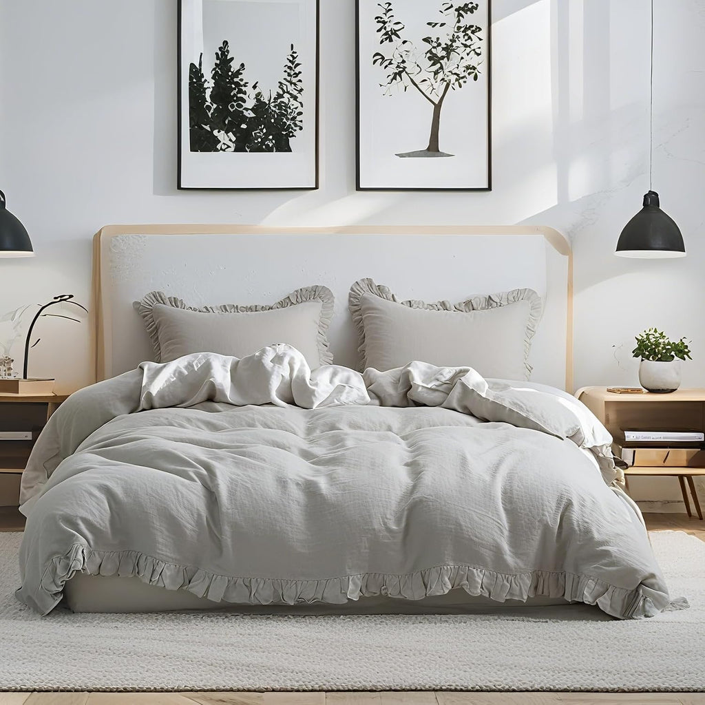 Simple&Opulence 100% Linen Duvet Cover Set, Natural French Flax Light Grey Ruffle Duvet Cover Twin Size, Breathable Comfy Linen Bedding Comforter Cover with 1 Pillowcase (Light Grey, 68' x 86')