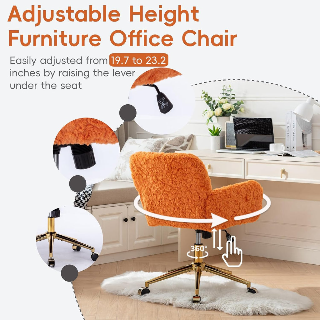 Plush Faux Fur Desk & Vanity Chair with Gold Base – Comfy Adjustable Girls Desk Chair, Makeup Chair, 360° Swivel, Tilt Backrest, Rolling Wheels – Modern Chic Home Office Seating,Orange