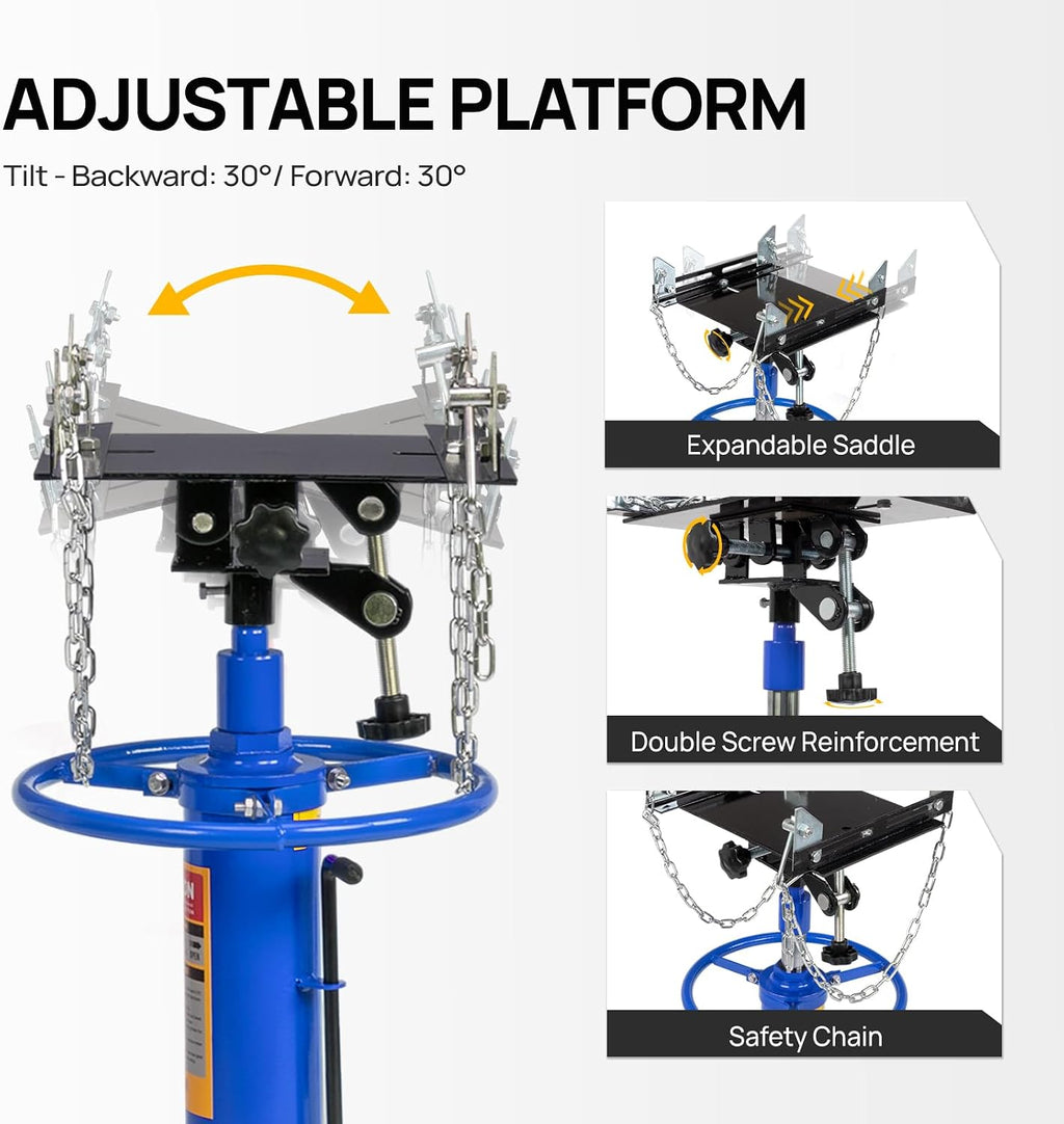TUFFIOM Transmission Jack, 1660 lbs 3/4-Ton Hydraulic 2-Stage High Lift Vertical Telescoping Floor Jack Stand, 34' to 68' Lifting Range, w/Pedal, 360° Swivel Wheels, Garage/Shop Lift Hoist, Blue