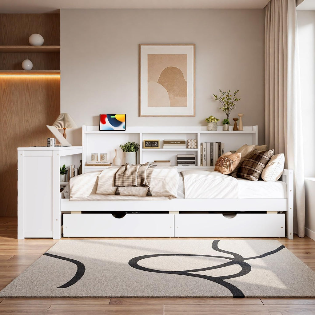 SOFTSEA Twin Size Daybed with Desk & Storage, Wood L-Shaped Corner Bed Frame with Drawers, Shelves and Charging Station or Living Room, Guest Room, White