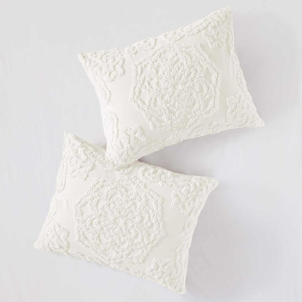 Madison Park Laetitia Comforter Bohemian Tufted Cotton Chenille, Medallion Shabby Chic All Season Down Alternative Bed Set with Matching Shams, Floral Off White Full/Queen(90'x90') 3 Piece