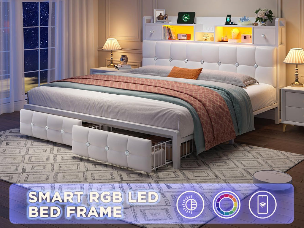 Homkdom Queen Bed Frame with 4 Drawers and Diamond-Tufted Upholstered Storage Headboard,LED Lights & Charging Station,1100 LBS Heavy Duty,No Box Spring Needed,Modern White