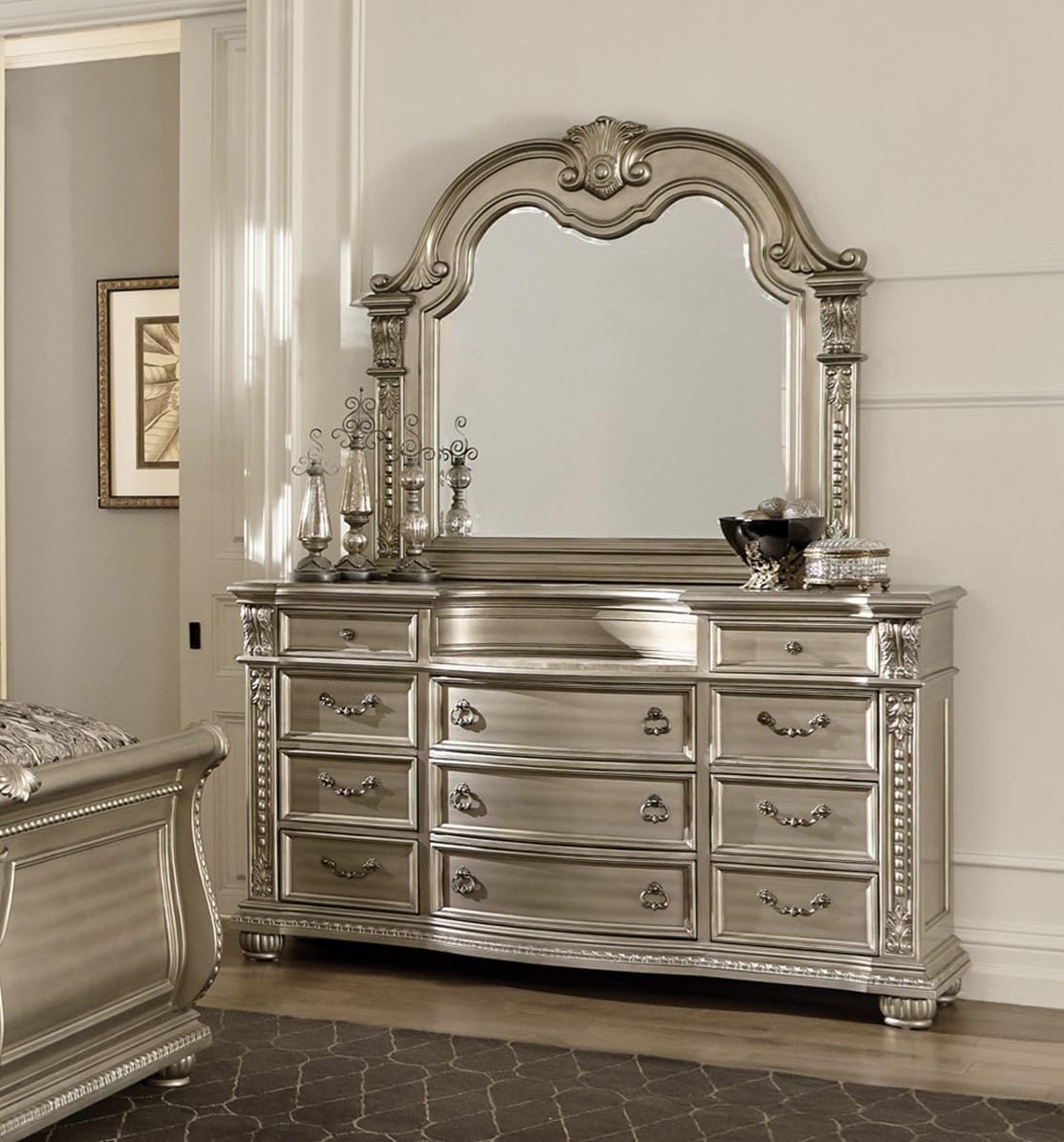 Classic Traditional Bedroom 4pc Set King Size Upholstered Bed Silver Finish Marble Top Formal Wooden Furniture