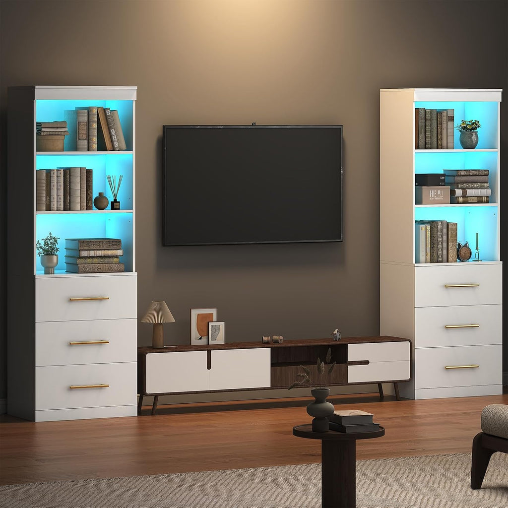 Winkalon 71'H White Bookshelf with LED Light, Bookcase and Bookshelf with Drawers, Tall Bookcase Tall Storage Cabinet 3-Tier Open Shelves for Home Office Living Room Hallway, 13.8'D x 23.6'W x 70.9'H