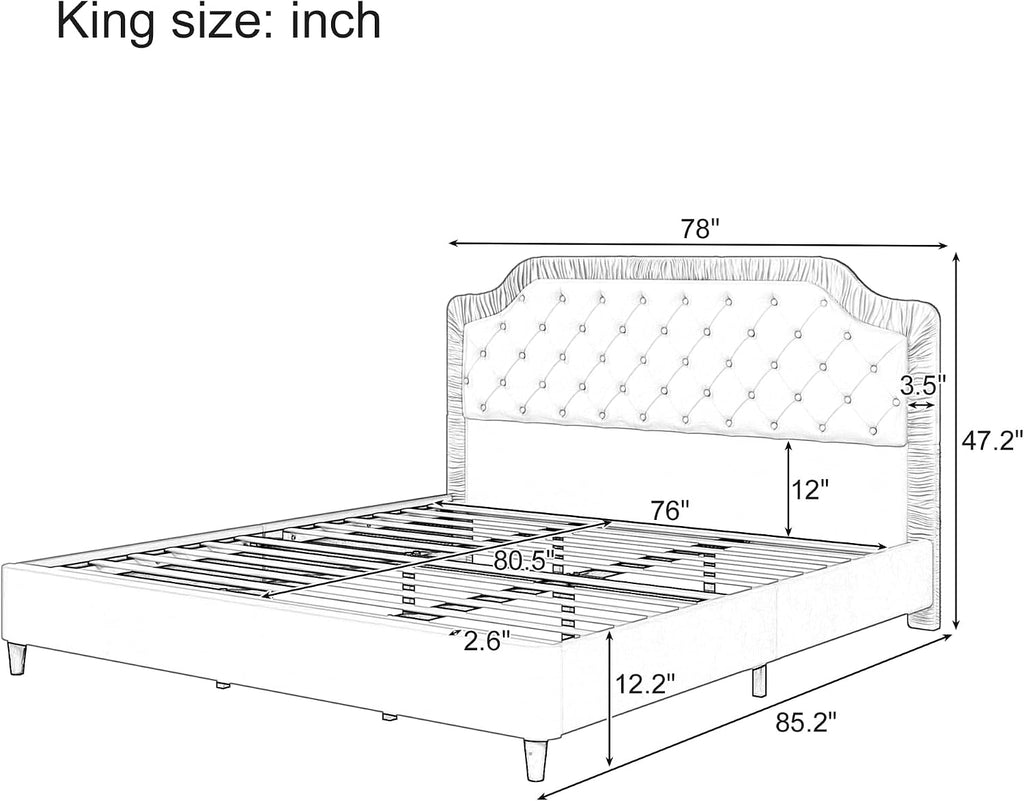 King Size Upholstered Platform Bed Frame with Ruched and Button Tufted Headboard, Tufted Velvet Upholstered Platform Bed with Wood Slat Support for Kids Teens Adult Bedroom (White-60v)