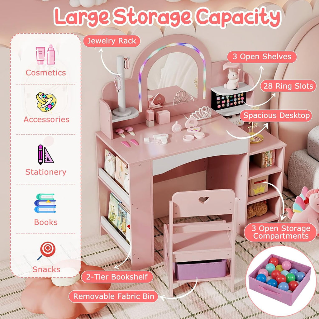 HONEY JOY Kids Vanity, Wooden Girls Vanity Set with Lighted Mirror & Open Bookshelf, Ring Slot & Jewelry Storage, Toddler Makeup Vanity Desk Dressing Table, Kids Vanity Table and Chair Set (Pink)