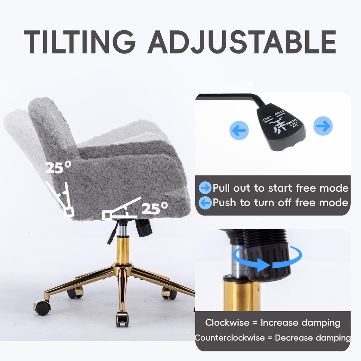 Plush Faux Fur Desk & Vanity Chair with Gold Base – Comfy Adjustable Girls Desk Chair, Makeup Chair, 360° Swivel, Tilt Backrest, Rolling Wheels – Modern Chic Home Office Seating,Grey