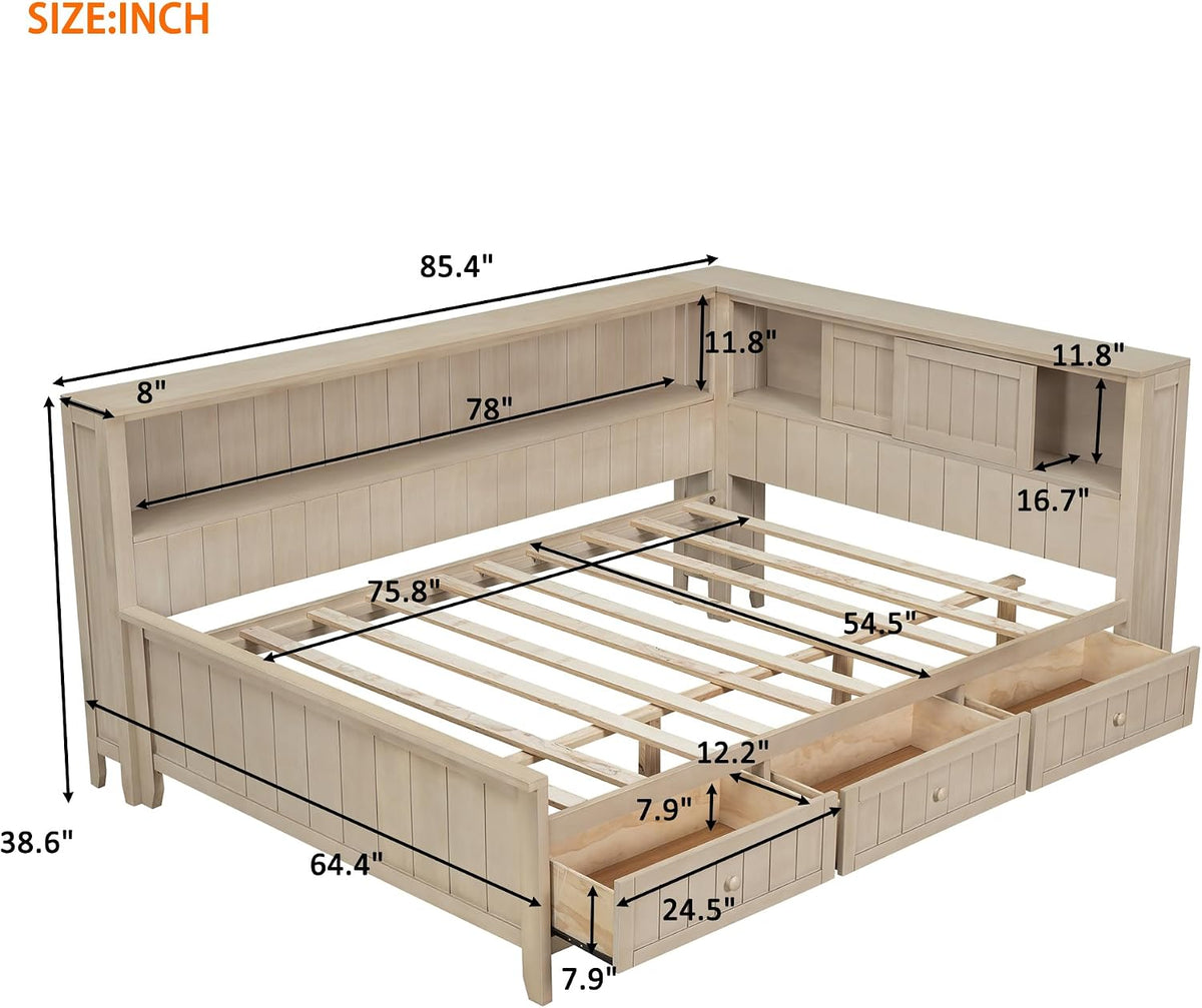 Merax Corner Full Bed Frame with Bookcase Storage, Wood Platform Bed Frame with 3 Drawers, Full Size Daybed with Storage for Living Room,Bedroom,Guest Room, Antique White