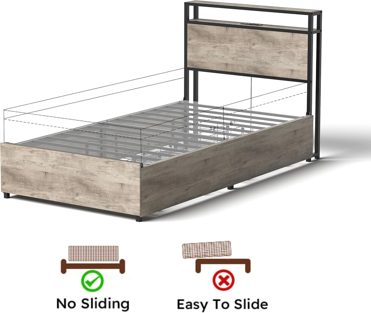 Twin Bed Frame with 4 Storage Drawers,Storage Headboard with Charging Station, Solid and Stable, Noise Free, No Box Spring Needed, Easy Assembly,Gray (Twin)