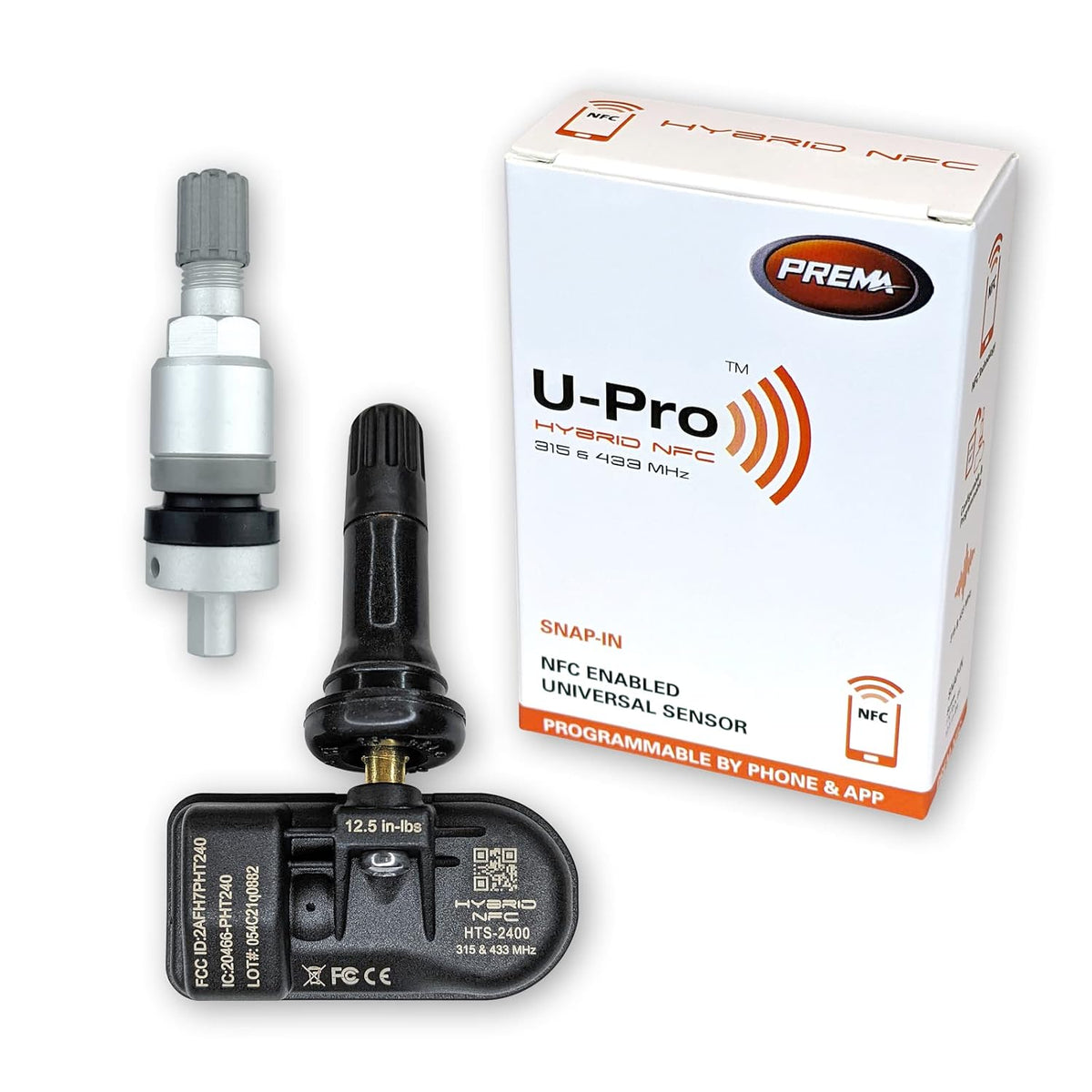 Set of 12 PREMA U-Pro Hybrid NFC TPMS Sensors with Rubber Snap in and Aluminum Clamp in Valve Stems | Universal for Any Vehicle | Programs with Free Smart Phone App! | Manufactured by Hamaton