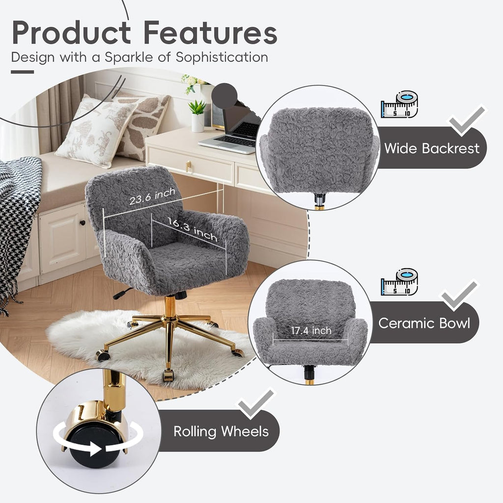 Plush Faux Fur Desk & Vanity Chair with Gold Base – Comfy Adjustable Girls Desk Chair, Makeup Chair, 360° Swivel, Tilt Backrest, Rolling Wheels – Modern Chic Home Office Seating,Grey