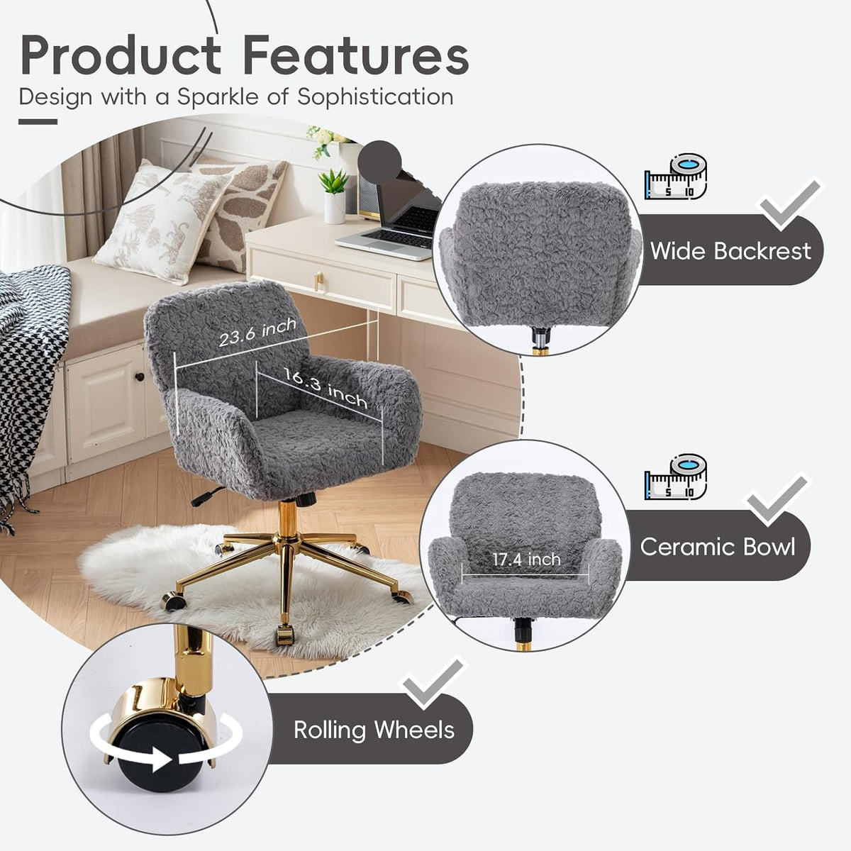 Plush Faux Fur Desk & Vanity Chair with Gold Base – Comfy Adjustable Girls Desk Chair, Makeup Chair, 360° Swivel, Tilt Backrest, Rolling Wheels – Modern Chic Home Office Seating,Grey