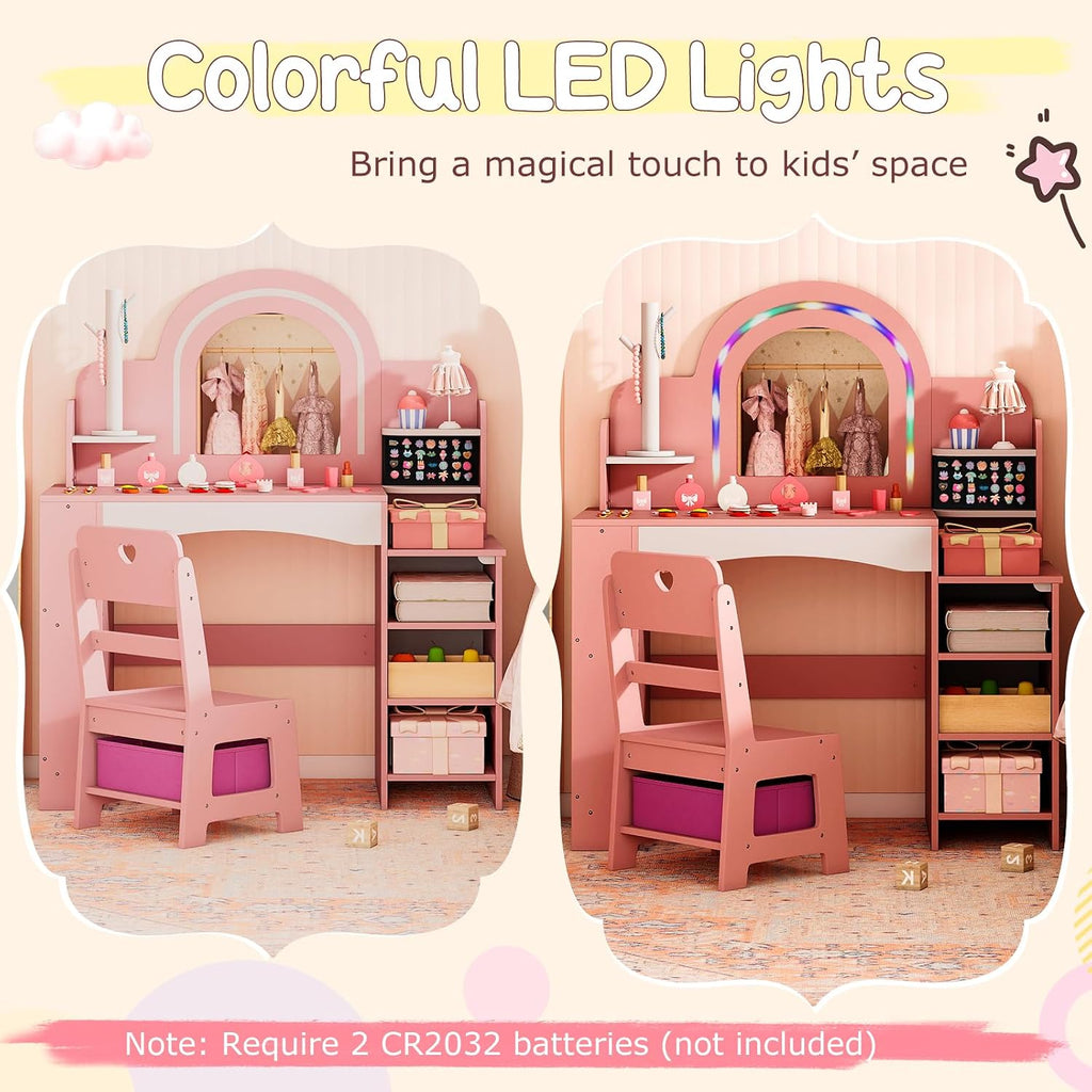 Costzon Kids Vanity, Girls Vanity Set with Lighted Mirror, Bookshelf, Jewelry Storage, Toddler Makeup Vanity Desk Dressing Table, Wooden Kids Vanity Table and Chair Set (Pink)