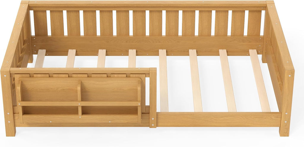 Bellemave Twin Floor Bed with Rails and Slats, Twin Size Montessori Floor Bed with Bookshelf and Fence, Easy Assemble Montessori Beds Frame for Girls, Boys, Deep Natural