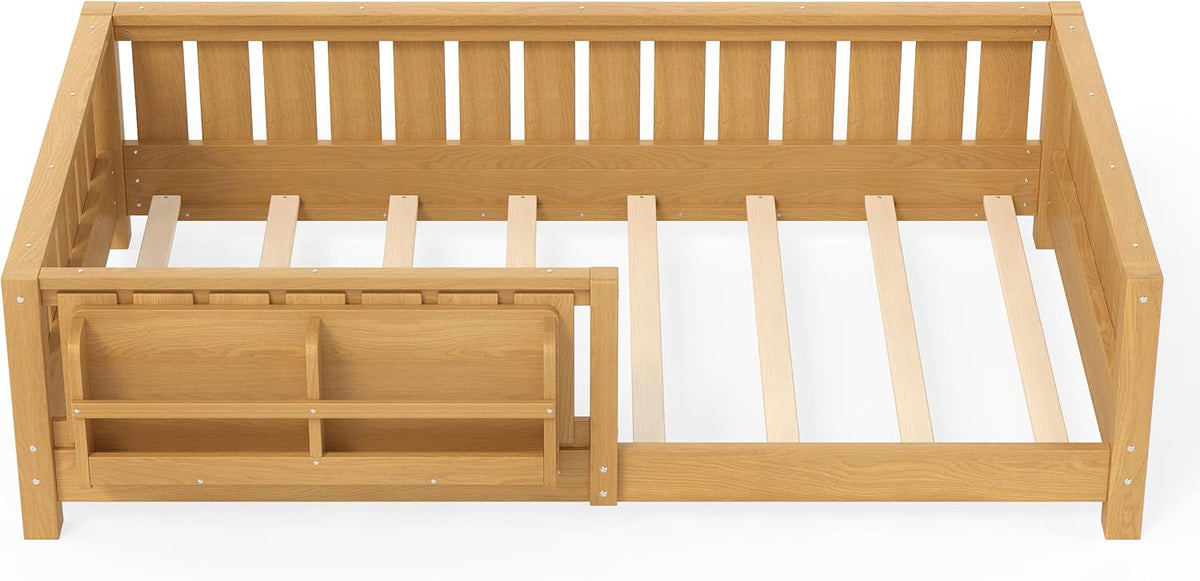 Bellemave Twin Floor Bed with Rails and Slats, Twin Size Montessori Floor Bed with Bookshelf and Fence, Easy Assemble Montessori Beds Frame for Girls, Boys, Deep Natural