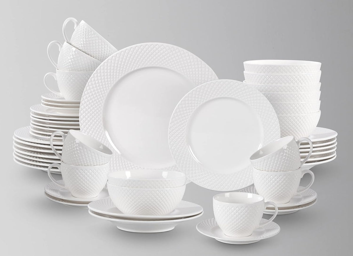 HomeVss, New Bone China Dinnerware Set, Embossed Diamond Design, 48pc Set