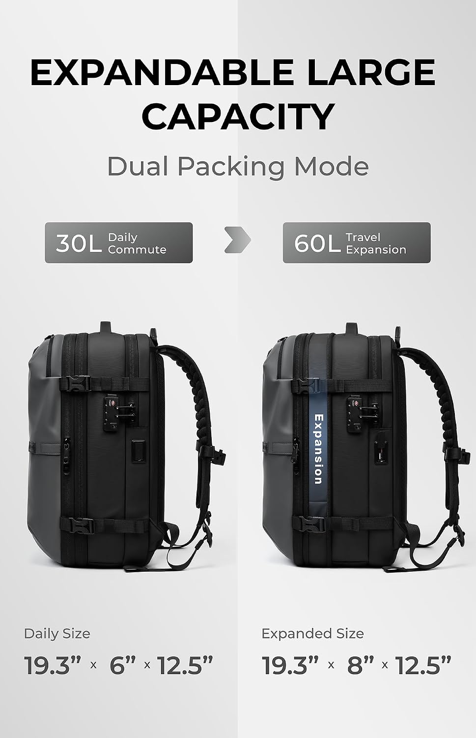 AirVault Vacuum Seal Travel Backpack 60L with Expandable HyperSeal Air Compression Vacuum System Water Resistant TSA Lock (Vacuum Pump Included, Gray, 60L)