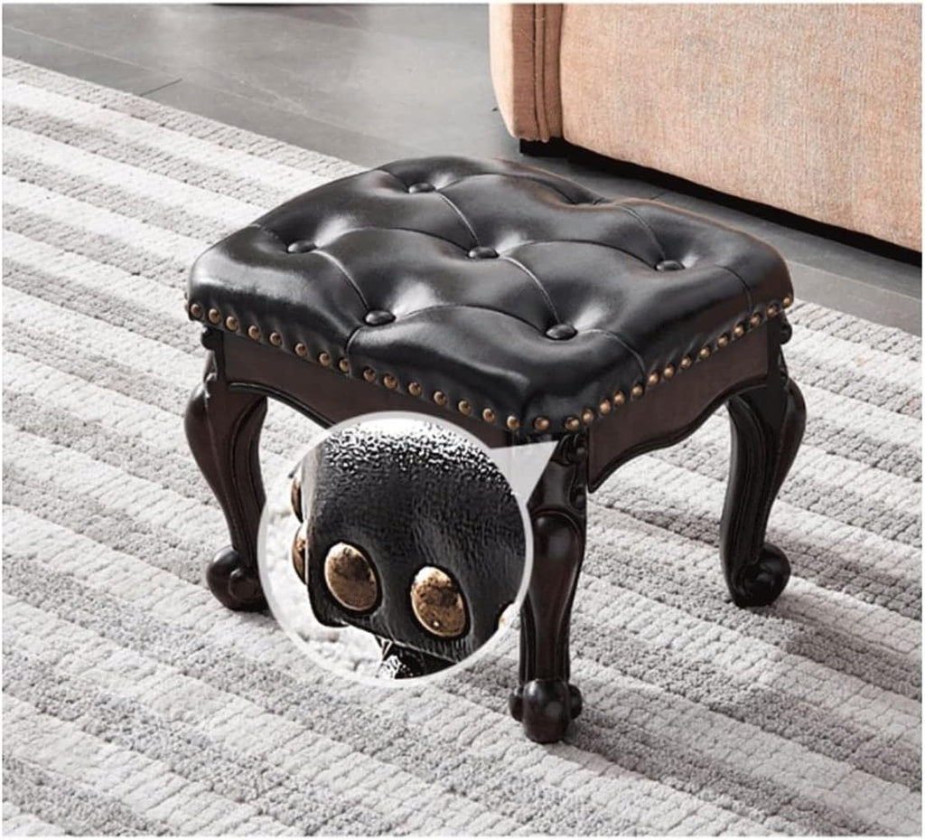 Footstools, Genuine Leather Vanity Benches, Piano Stool, Living Room and Bedroom Desk Stools(Black-Small)