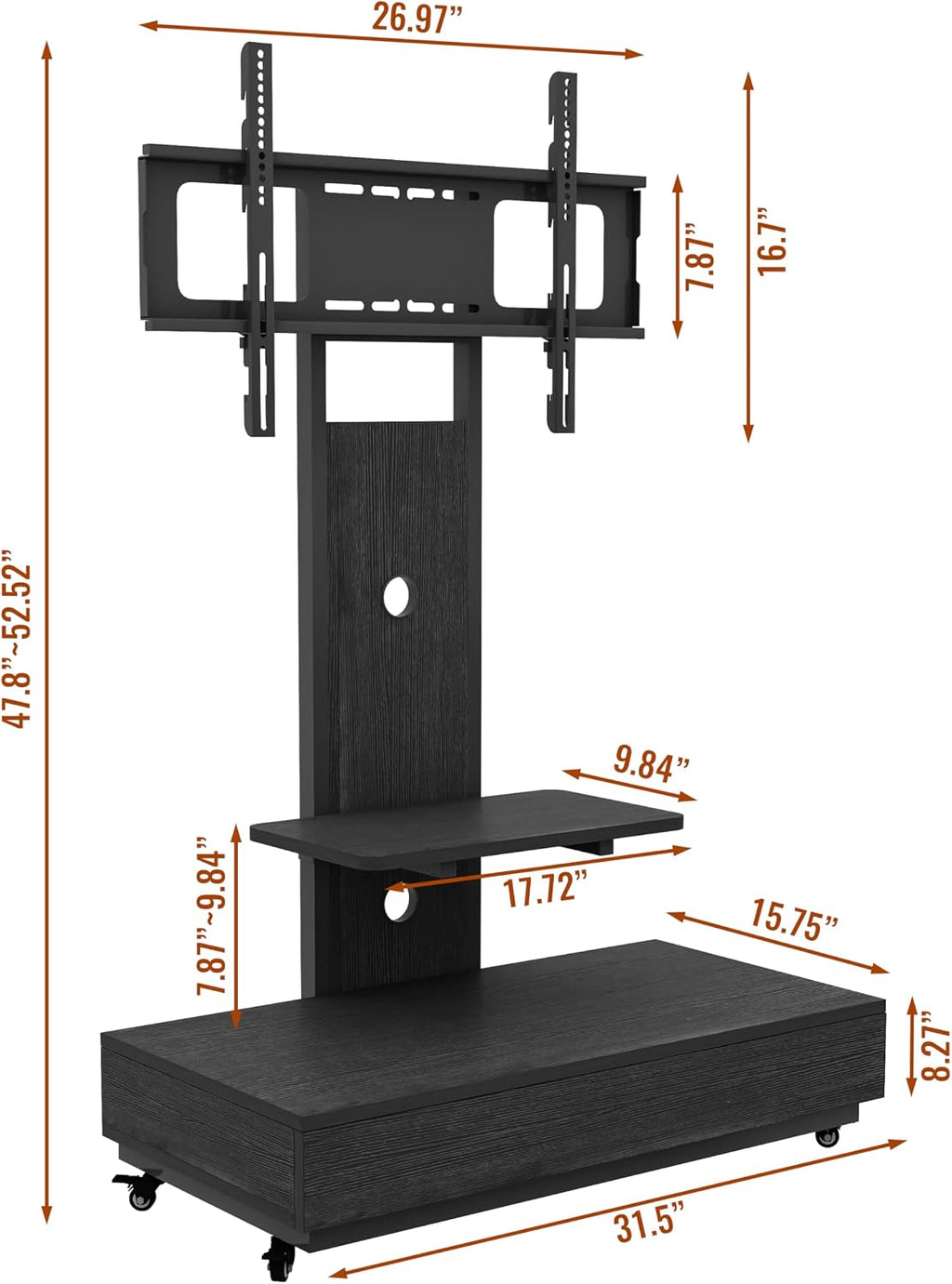 TV Stand with Sliding Drawer, Floor Stand with Lockable Wheel Mount, 32-75 Inch Mobile TV Cart for Living Room, Bedroom, Office