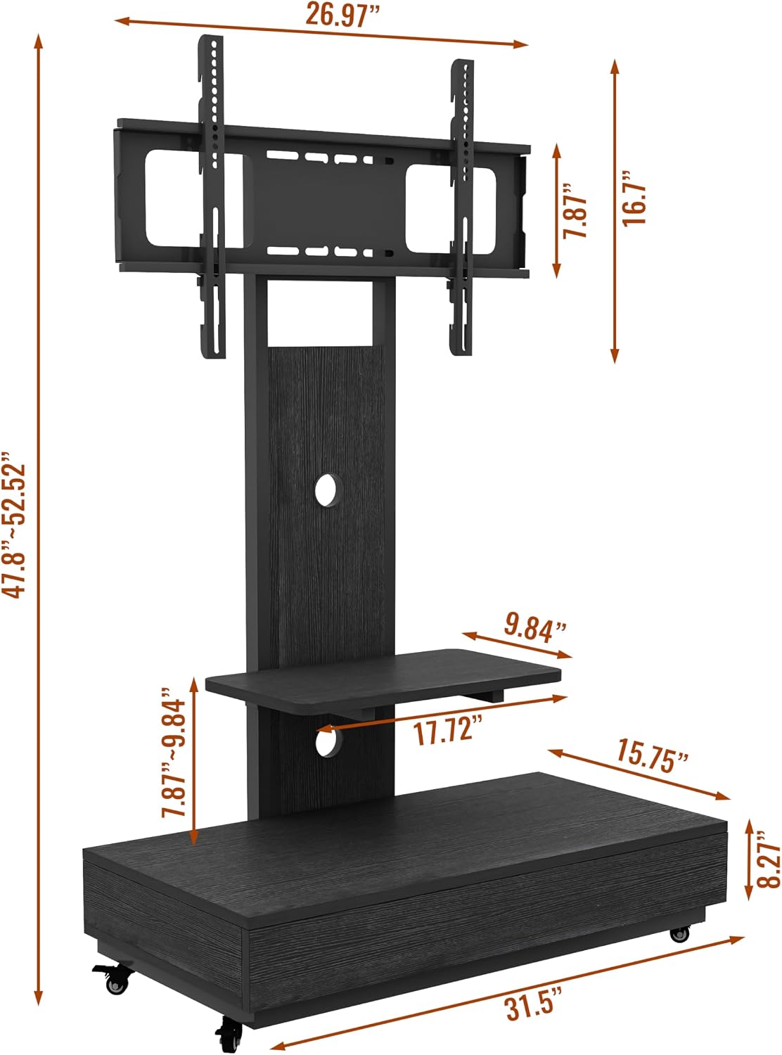 TV Stand with Sliding Drawer, Floor Stand with Lockable Wheel Mount, 32-75 Inch Mobile TV Cart for Living Room, Bedroom, Office