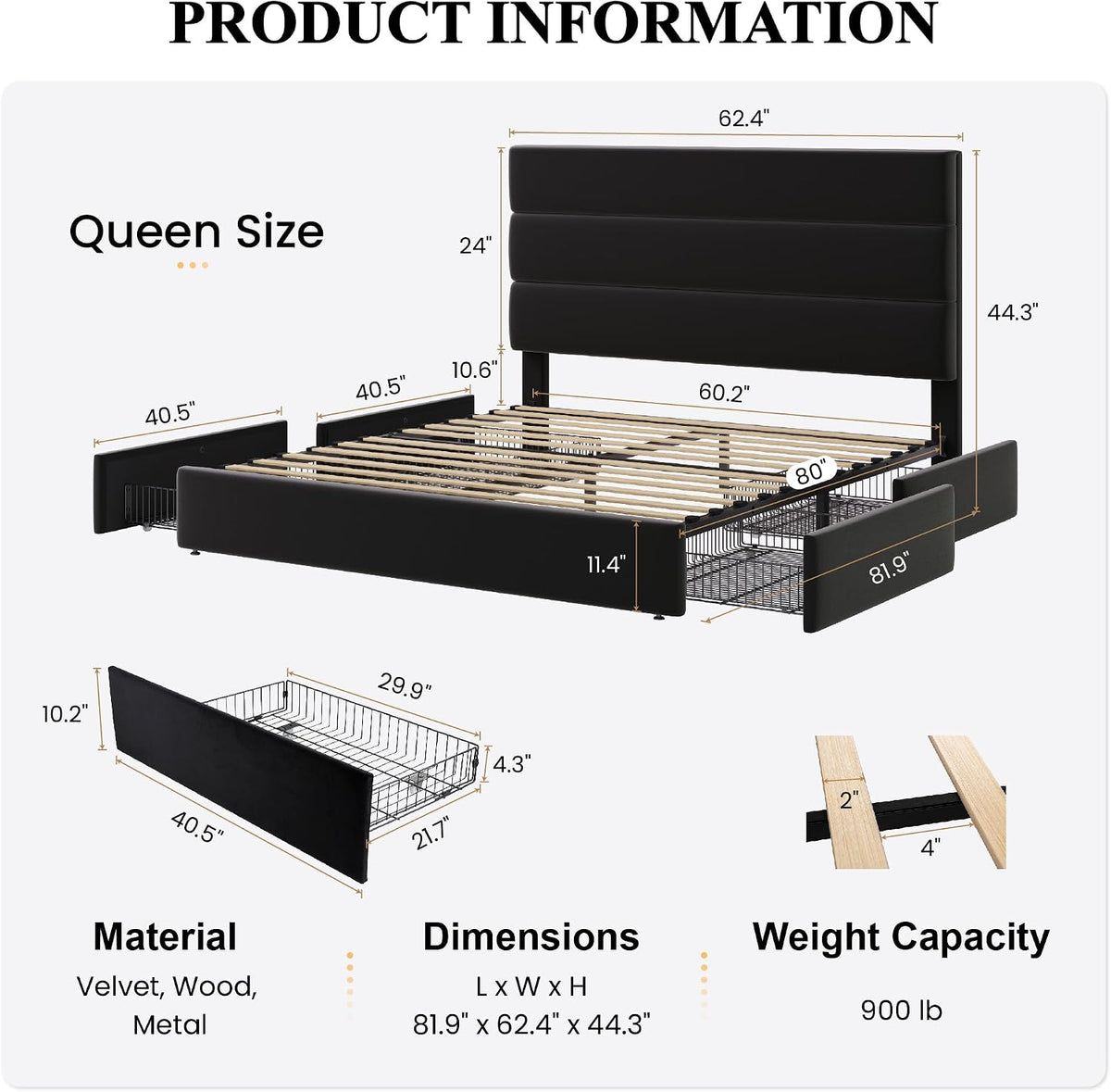 SHA CERLIN Queen Size Platform Bed Frame with 4 Storage Drawers, Velvet Upholstered Headboard, Mattress Foundation with Wooden Slats Support, No Box Spring Needed, Easy Assembly, Black