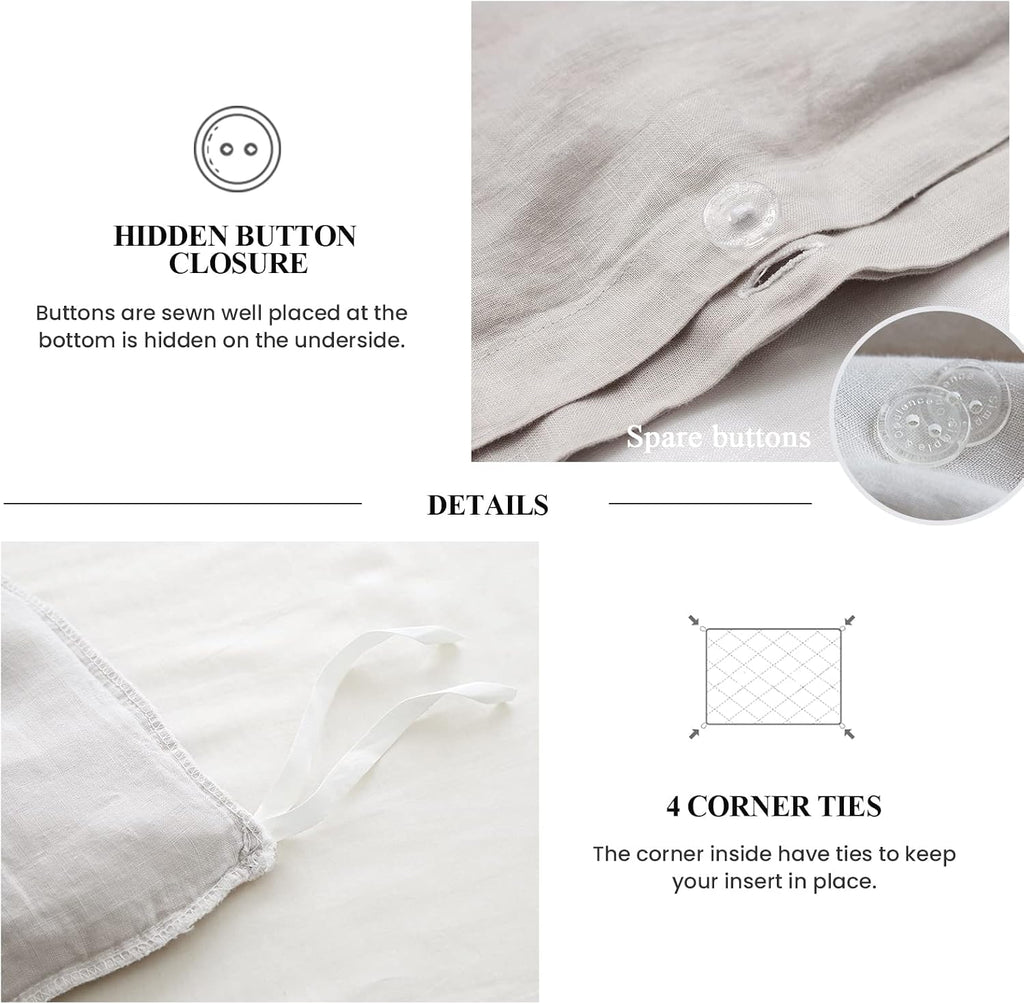 Simple&Opulence 100% Linen Duvet Cover Set (88'x92') Floral Flax Queen Size, Shabby Chic Ruffle Edge Lace Insert Decoration, 3 Pcs Farmhouse Bedding-1 Comforter Cover 1 Pillow Shams, Floral Grey