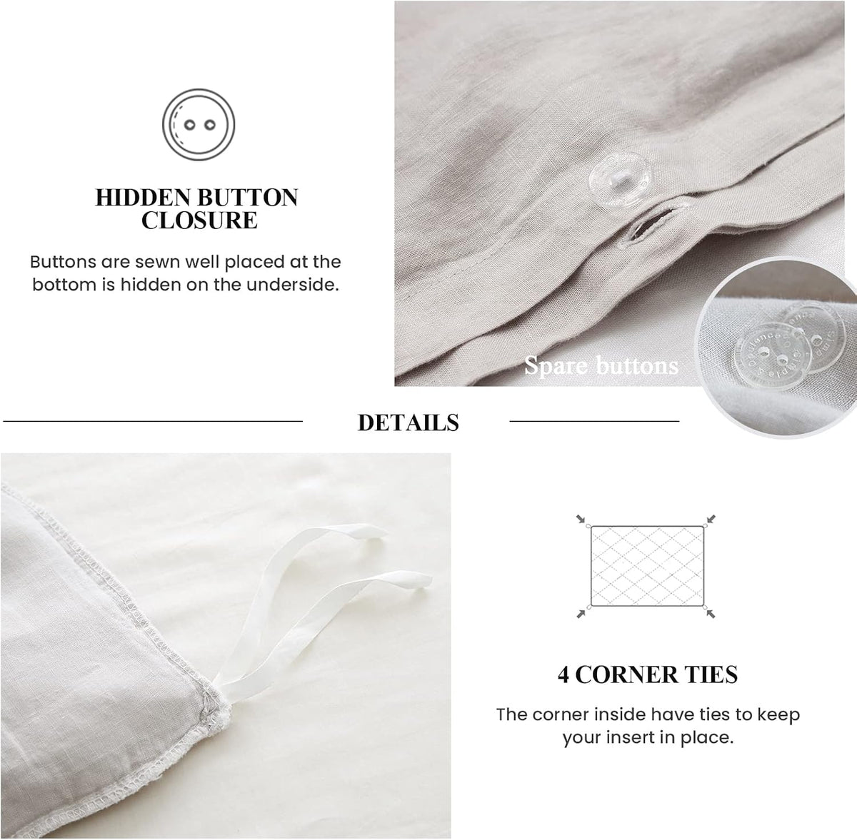 Simple&Opulence 100% Linen Duvet Cover Set (88'x92') Floral Flax Queen Size, Shabby Chic Ruffle Edge Lace Insert Decoration, 3 Pcs Farmhouse Bedding-1 Comforter Cover 1 Pillow Shams, Floral Grey