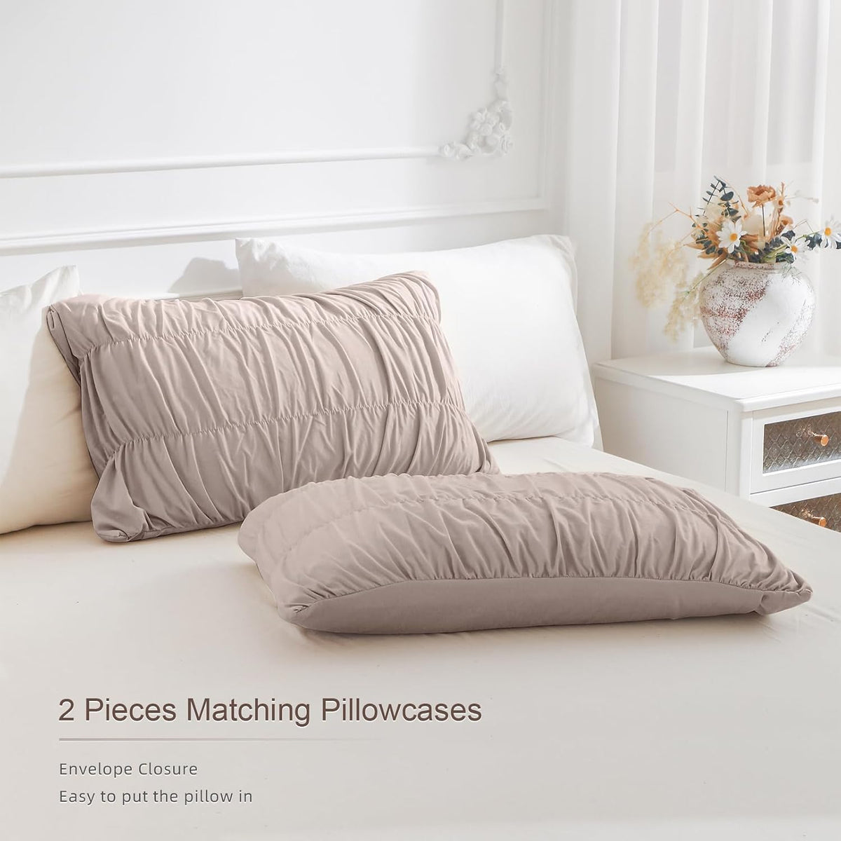 Masaca Oversized King Comforter(120'x98'),Taupe Ruched Ruffle California King Comforter Set,3 Pieces Lightweight Extra Large Farmhouse Shabby Boho Chic French Country Bedding Set
