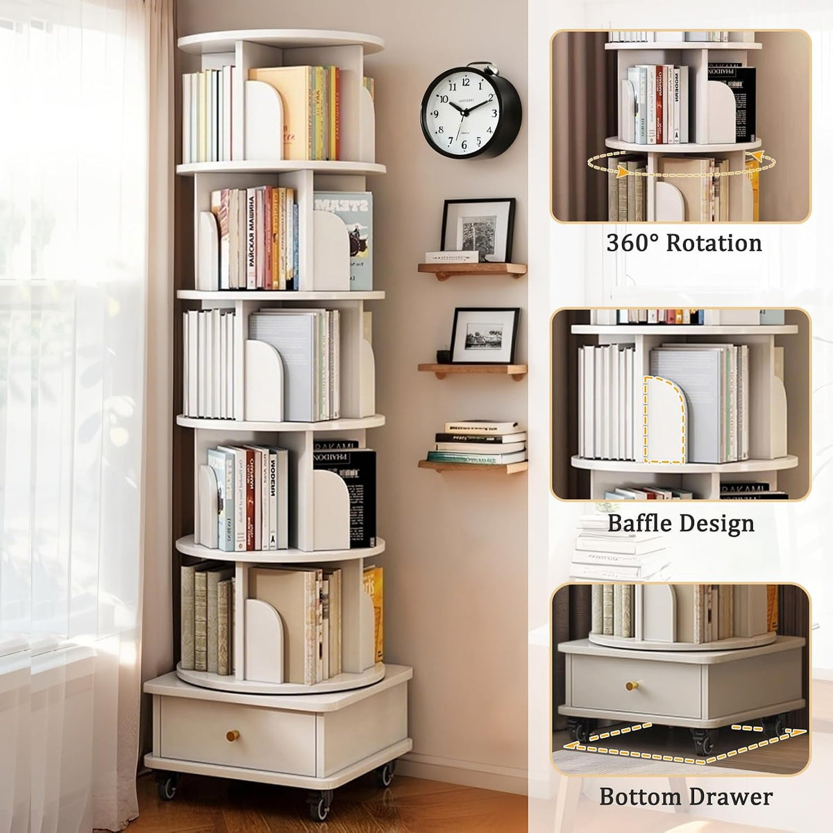 KEIKI 6-Tier Rotating Tower Spinning Bookshelf with 360°Swivel Wheels & Square Storage Drawer Base,Narrow Rolling Bookcase for Small Space,Corner,Bedroom,Office,White