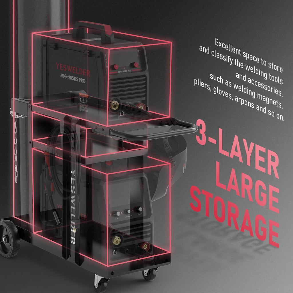 YESWELDER Welding Cart for TIG MIG Welder and Plasma Cutter,Three-Layer Welder Cart,Tank Storage Safety Chains, Heavy Duty Large Storage 360° Rolling Welding Trolley