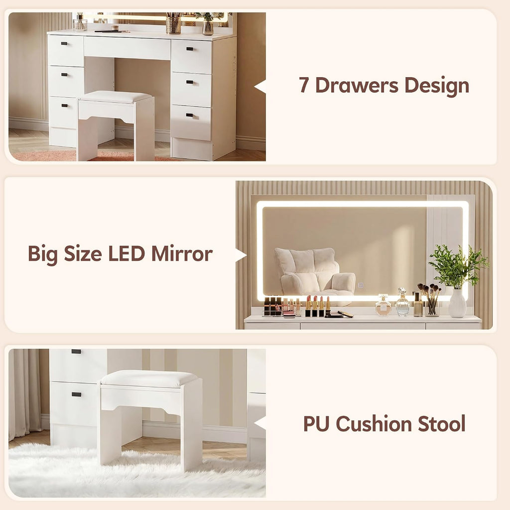 TUKAILAi 46.1' Large Vanity Desk with Mirror and LED Lights,7 Drawers & Power Outlet, White Modern Makeup Vanity Desk with PU Cushion Stool, Touch Control 3 Color Modes Dressing Table Set for Bedroom