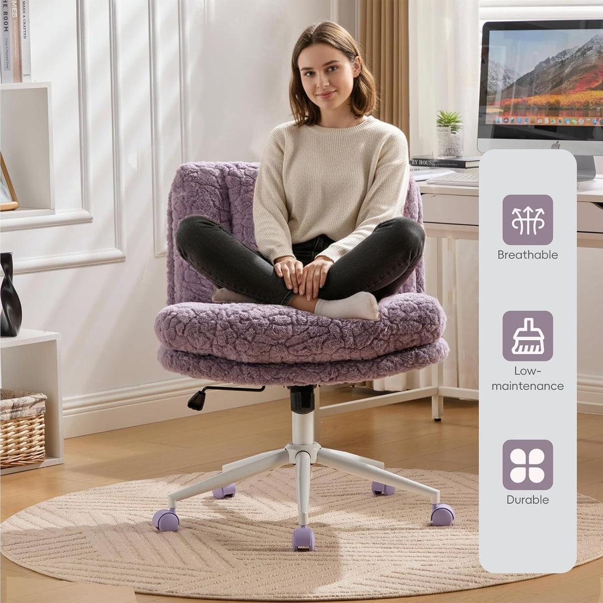 Upgraded Plush Faux Fur Criss Cross Office Vanity & Desk Chair with White Metal Base – Extra-Wide Seat & Tilt Backrest, Adjustable Swivel Makeup Chair for Bedroom, Study & Home Office, Lavender