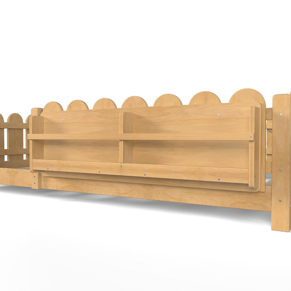 Bellemave Queen Size Floor Bed with Rails and Slats, Queen Size Montessori Floor Bed with Bookshelf, Fence and Lights, Low Profile Montessori Beds Frame for Girls, Boys, Light Natural