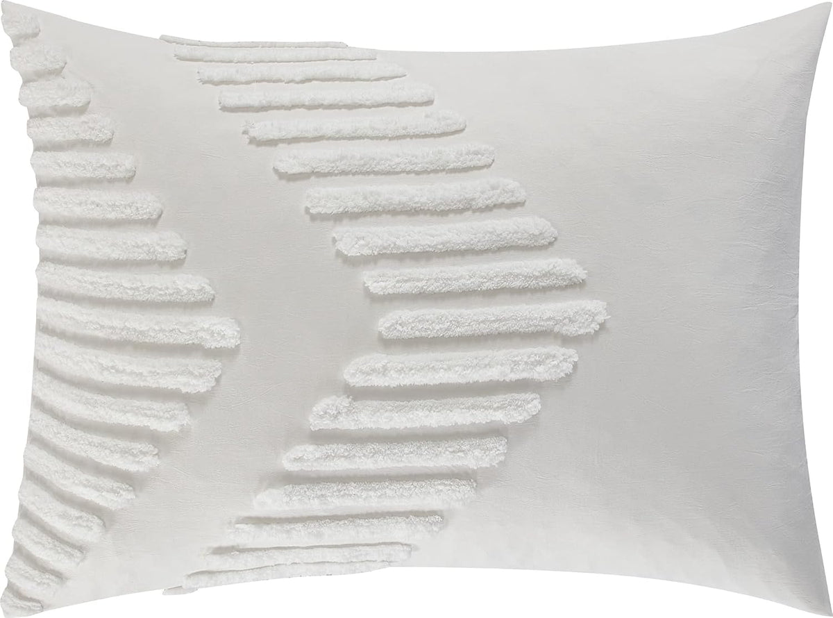 Grand Avenue Tufted Embroidery Comforter Set Queen Size, 7 Piece White Fashion Bedding Set, Ultra-Soft, Pillows & Shams, All Season, Home Decor