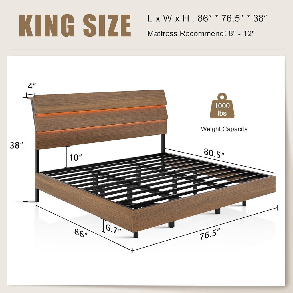 Einhomn King Size Bed Frame with LED Headboard, Floating Design with Charging Station USB Type-C and V-Shaped Support, Metal Frame, No Box Spring Needed, Noise Free, Easy Assembly, Walnut