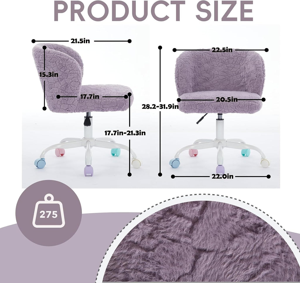 Faux Fur Vanity Desk Chair with White Metal Base – Adjustable Swivel Rolling Office Chair with Wheels, Comfy Makeup Chair for Bedroom, Study, Girls' Room, Home Office & Task Use, Purple