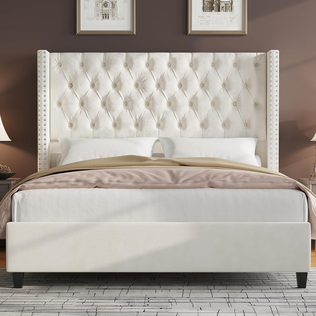 Jocisland Queen Size Bed Frame with 51.6' Wingback Tufted Velvet Headboard, Modern Upholstered Platform Bed, No Box Spring Needed, Easy Assembly, Cream