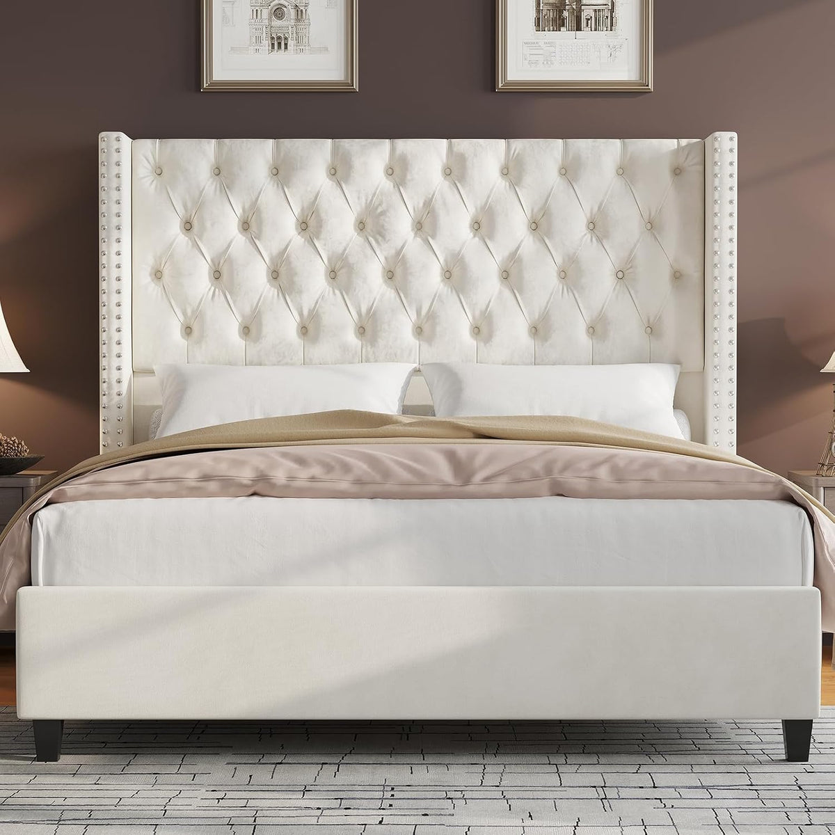 Jocisland Queen Size Bed Frame with 51.6' Wingback Tufted Velvet Headboard, Modern Upholstered Platform Bed, No Box Spring Needed, Easy Assembly, Cream