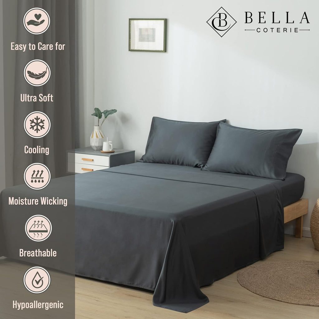 Bella Coterie Luxury Bamboo Viscose King Size Sheet Set | 100% Organically Grown | Ultra Soft | Cooling for Hot Sleepers | 18' Deep Pocket [Charcoal Grey]