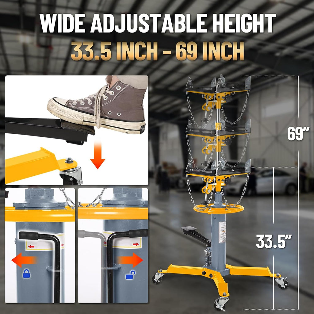 1322Lb Heavy Duty Transmission Jack, 33.5'-69' High Lift Hydraulic Telescoping Transmission Jack, 2-Stage Telescopic Transmission Stand with Foot Pedal & 360° Swivel Wheel, Yellow