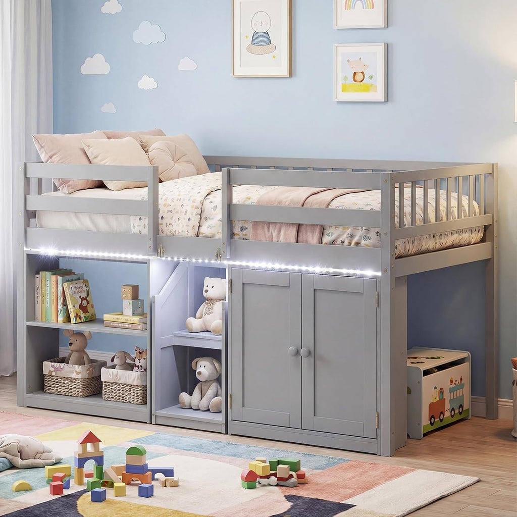 Giantex Low Loft Bed Twin Size with LED Lights, Wooden Bed Frame w/Stairs, Safety Guardrails, Storage Cabinet, Bookshelf & Under-Bed Play Space, Modern Kids Loft Bed for Boys Girls (Grey)