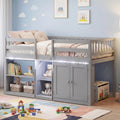 Giantex Low Loft Bed Twin Size with LED Lights, Wooden Bed Frame w/Stairs, Safety Guardrails, Storage Cabinet, Bookshelf & Under-Bed Play Space, Modern Kids Loft Bed for Boys Girls (Grey)