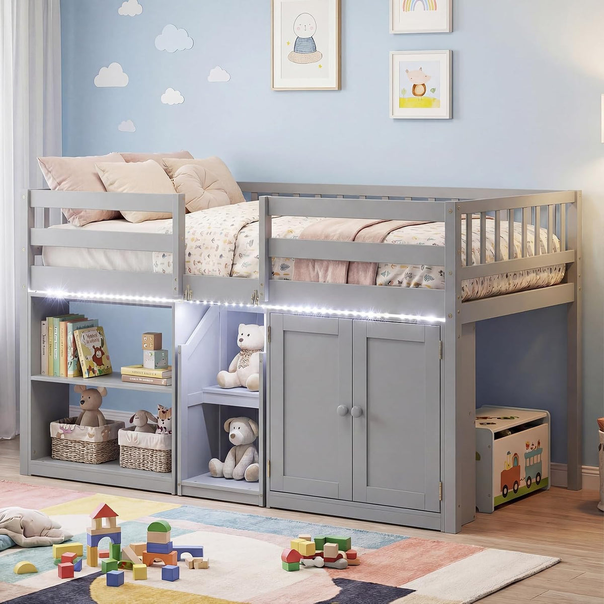 Giantex Low Loft Bed Twin Size with LED Lights, Wooden Bed Frame w/Stairs, Safety Guardrails, Storage Cabinet, Bookshelf & Under-Bed Play Space, Modern Kids Loft Bed for Boys Girls (Grey)