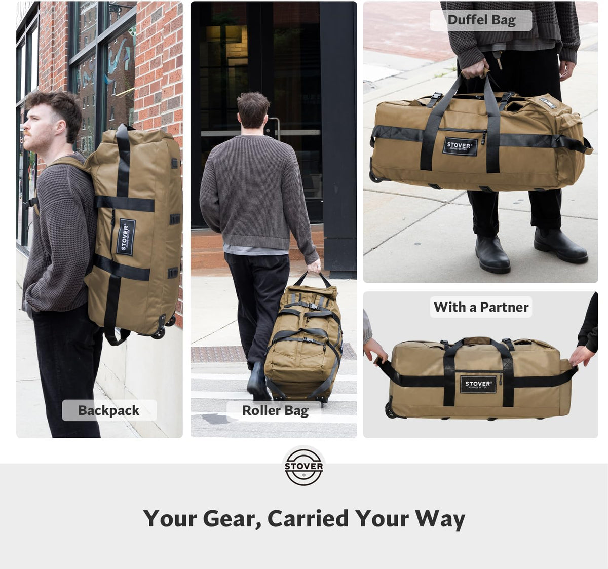 STOVER 45/80/100L Rolling Duffel Bag with Wheels, Large Durable Travel Duffle + Toiletry Bag, Heavy Duty, Packable, Foldable with Shoulder Straps- Use as Luggage or Backpack, Men/Women (Tan)