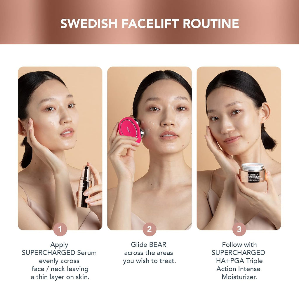 FOREO Age-Defying Bear Bundle - Bear Microcurrent Facial Device + 2 x Conductive Serum 1 fl.oz. - Anti Aging Face Massager - Skin Care Tools Set for an Instant Face Lift - Fuchsia